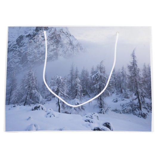 冬のワンダーランド、霧、トウヒの森と山 ラージペーパーバッグ (正面)