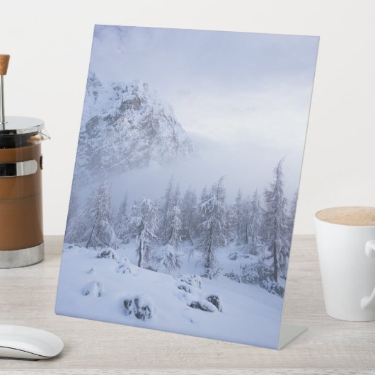 冬のワンダーランド、霧、トウヒの森と山 台座サイン (インサイチュ)