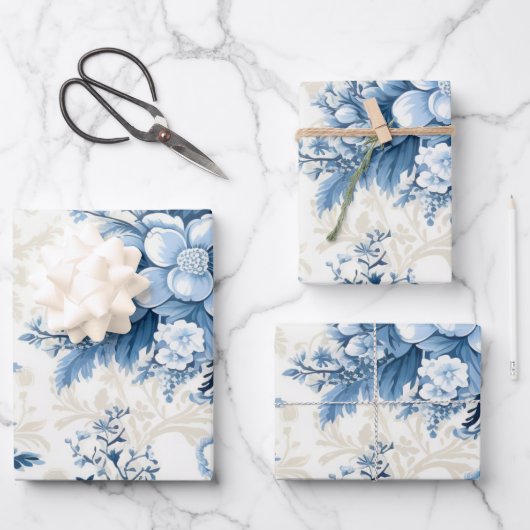 冬のワンダーランド:青と白のクリスマスツリー ラッピングペーパーシート (正面)