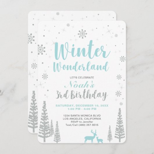 冬のワンダーランド – 3rd誕生日招待状 – 少年 招待状 (正面/裏面)