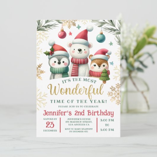 冬のワンダーランドBoho今の動物たち2nd誕生日 招待状 (スタンド正面)