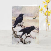 冬のヴィンテージのイラストレーションのカラス カード (黄色い花)