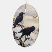 冬のヴィンテージのイラストレーションのカラス セラミックオーナメント (左)