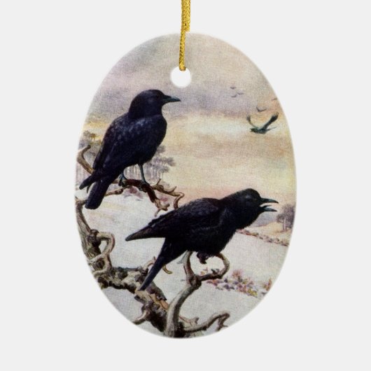 冬のヴィンテージのイラストレーションのカラス セラミックオーナメント (正面)