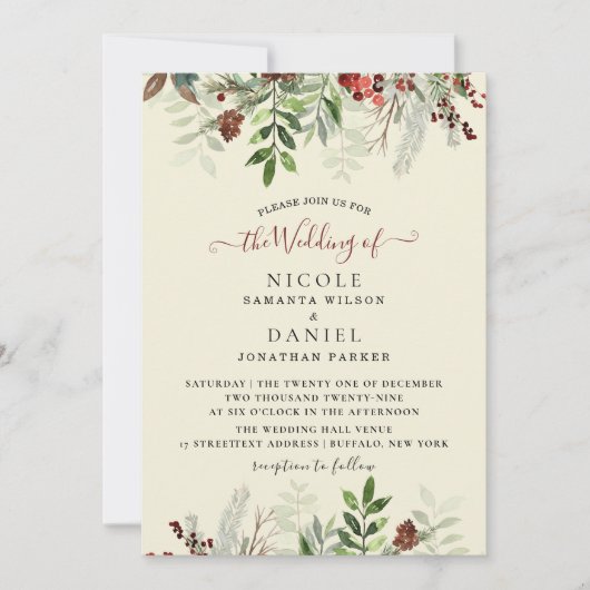 冬のヴィンテージのクリスマス結婚バーガンディのフライヤー 招待状 (正面)