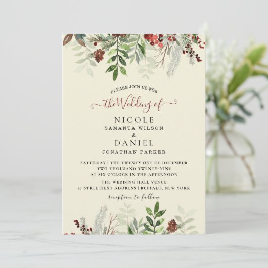 冬のヴィンテージのクリスマス結婚バーガンディのフライヤー 招待状 (スタンド正面)