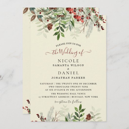 冬のヴィンテージのクリスマス結婚バーガンディのフライヤー 招待状 (正面/裏面)