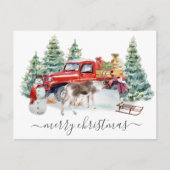 冬のヴィンテージトラックトナカイ女の子手書き ポストカード (正面)