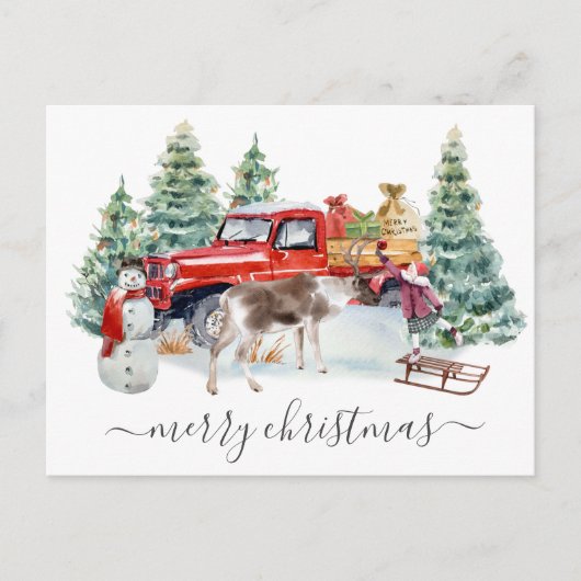 冬のヴィンテージトラックトナカイ女の子手書き ポストカード (正面)