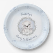 冬の一年目の誕生日かわいい青いシロクマ ペーパープレート (正面)