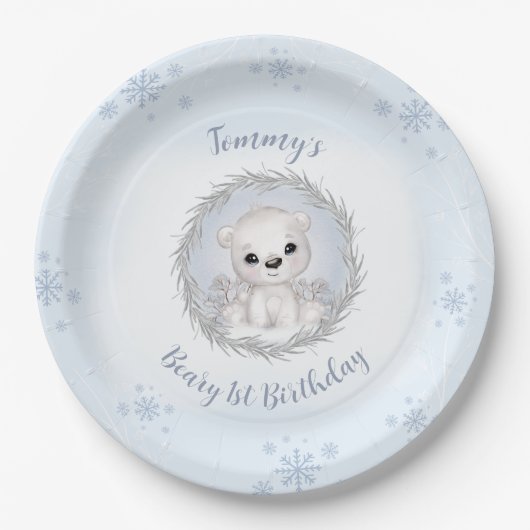 冬の一年目の誕生日かわいい青いシロクマ ペーパープレート (正面)
