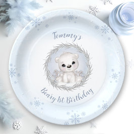 冬の一年目の誕生日かわいい青いシロクマ ペーパープレート
