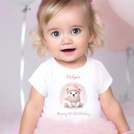 冬の一年目の誕生日ピンクの極熊の女の子 ベビーTシャツ