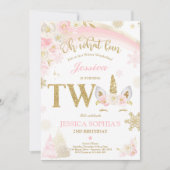 冬の一角獣(ユニコーン)二番目の誕生日ピンクと金ゴールド一角獣(ユニコーン) 招待状 (正面)