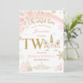 冬の一角獣(ユニコーン)二番目の誕生日ピンクと金ゴールド一角獣(ユニコーン) 招待状 (スタンド正面)