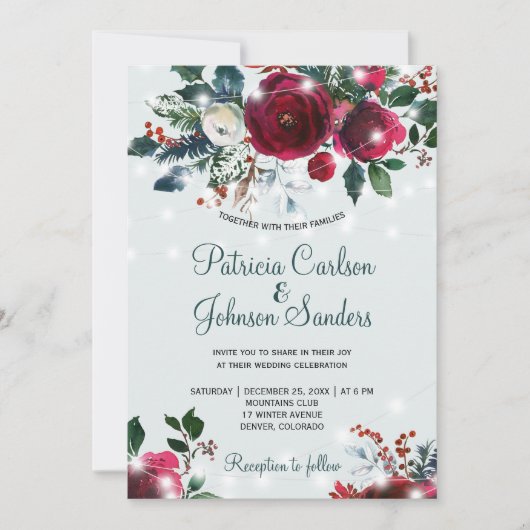 冬の不思議な世界に咲くクリスマスの花束 ウェディング 招待状 (正面)