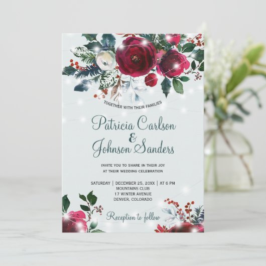 冬の不思議な世界に咲くクリスマスの花束 ウェディング 招待状 (スタンド正面)