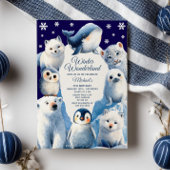 冬の不思議な世界のアークティック動物の子供の誕生日 招待状