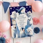 冬の不思議な世界のアークティック動物の子供の誕生日 招待状