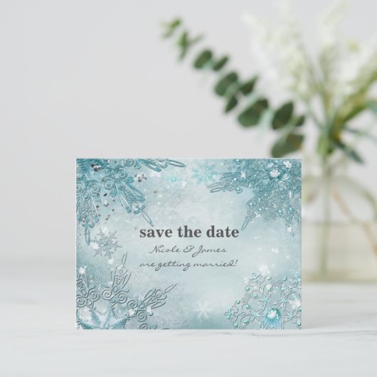 冬の不思議な世界 エレガントな雪の結晶 Save the date 案内ポストカード (スタンド正面)