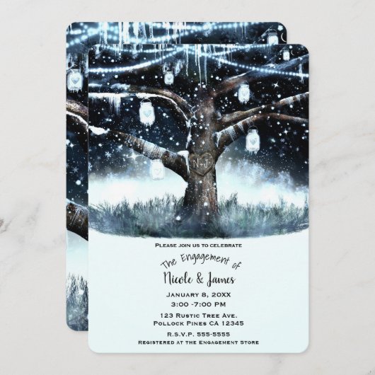 冬の不思議な世界 ラスティックツリー ライトエンゲージメント 招待状 (正面/裏面)
