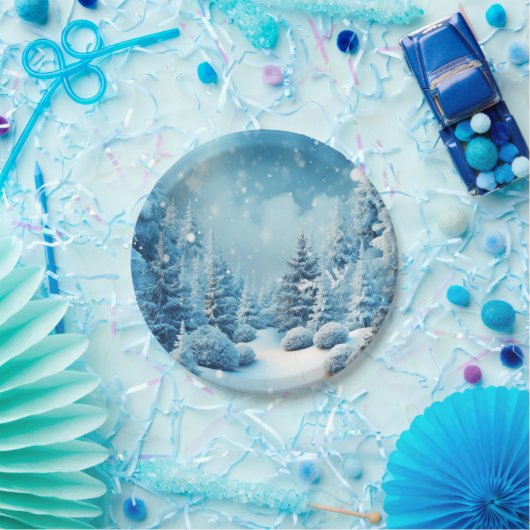 冬の不思議な世界 松の木 雪の結晶 ペーパープレート (パーティー)