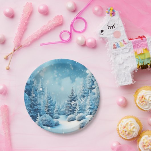 冬の不思議な世界 松の木 雪の結晶 ペーパープレート (パーティー)