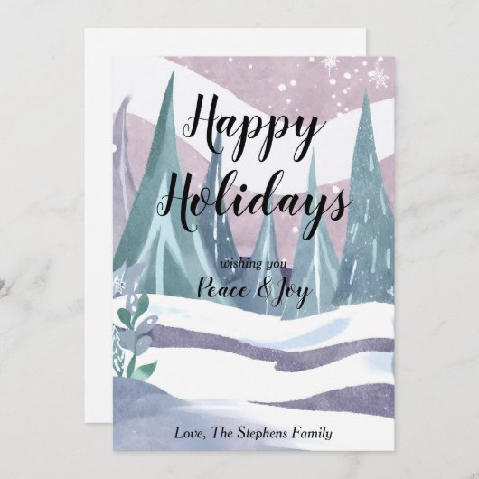 冬の不思議な世界 水彩画のグリーティング ホリデーカード (正面/裏面)