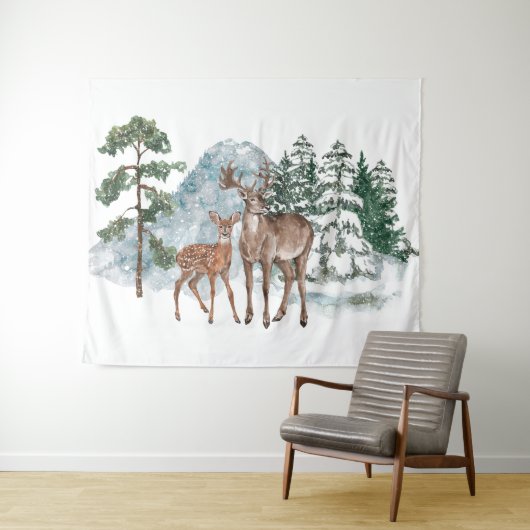 冬の不思議な世界、親愛なる松の木と雪の落下 タペストリー (インサイチュ(横))