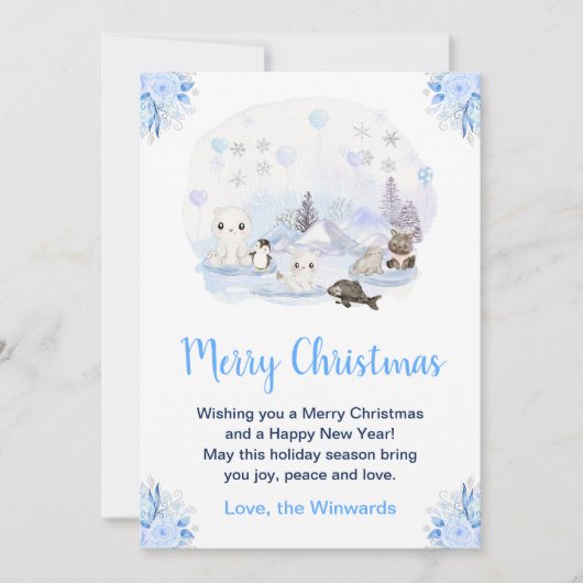 冬の不思議な北極の動物たちと一緒に楽しいクリスマス シーズンカード (正面)