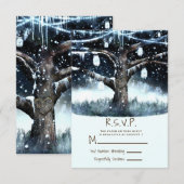 冬の不思議な木のライトと瓶の招待返信 出欠カード (正面/裏面)