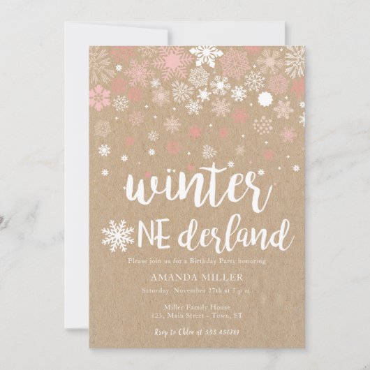 冬の不思議な雪の結晶の女の子1歳の誕生日 招待状 (正面)