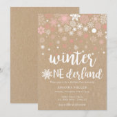 冬の不思議な雪の結晶の女の子1歳の誕生日 招待状 (正面/裏面)