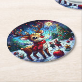 冬の不思議の国で友達と喜ぶトナカイ ラウンドペーパーコースター (アングル)