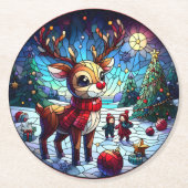 冬の不思議の国で友達と喜ぶトナカイ ラウンドペーパーコースター (正面)