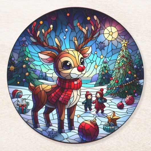 冬の不思議の国で友達と喜ぶトナカイ ラウンドペーパーコースター (正面)