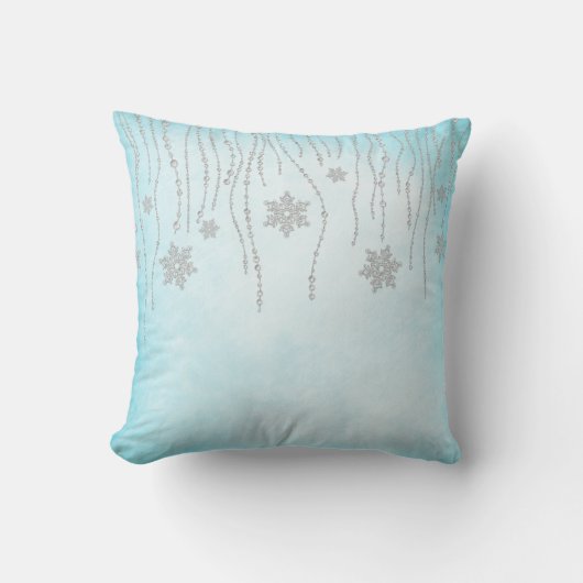 冬の不思議の国のダイヤモンドの雪片のティール(緑がかった色)の青 クッション (正面)