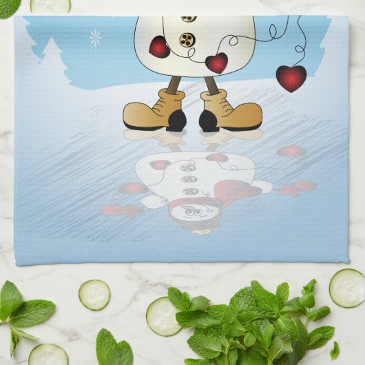 冬の不思議の国のハートの雪だるま キッチンタオル (折り畳み)