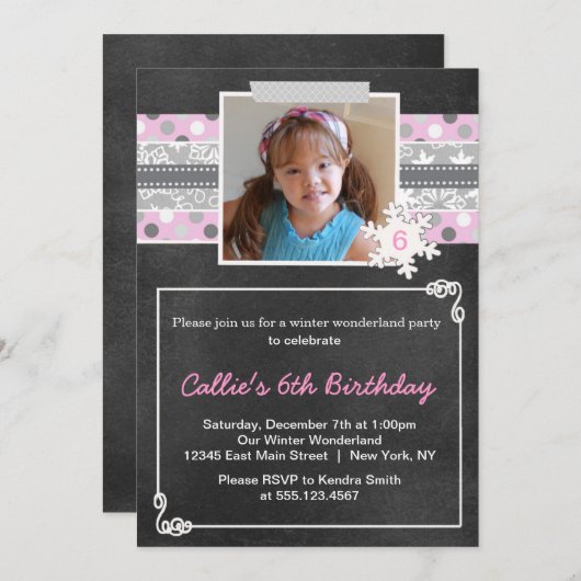 冬の不思議の国の誕生日のパーティの招待状のピンク 招待状 (正面/裏面)