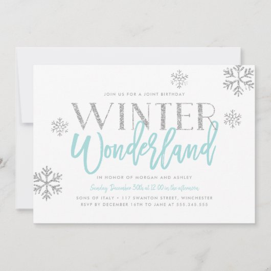 冬の不思議の国の銀のグリッターの青の誕生日 招待状 (正面)
