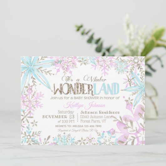 冬の不思議の国の雪のかけらにきらめくベビーシャワー 招待状 (スタンド正面)