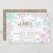 冬の不思議の国の雪のかけらにきらめくベビーシャワー 招待状 (正面/裏面)