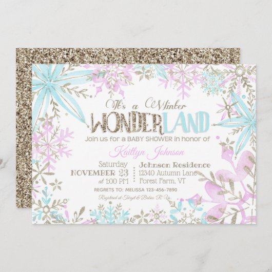 冬の不思議の国の雪のかけらにきらめくベビーシャワー 招待状 (正面/裏面)