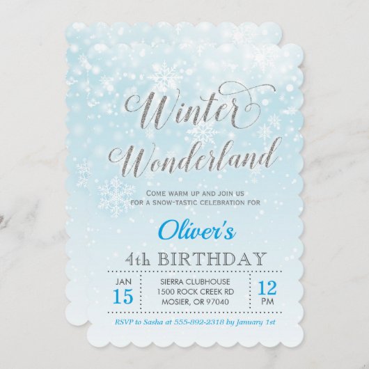 冬の不思議の国の雪片の警官の子供の誕生日 招待状 (正面/裏面)
