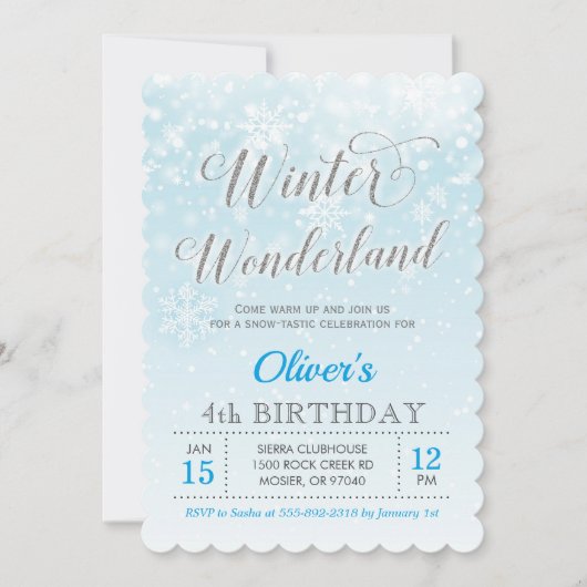 冬の不思議の国の雪片の警官の子供の誕生日 招待状 (正面)