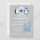 冬の不思議の国の青いペンギンとシロクマ 招待状 (正面)