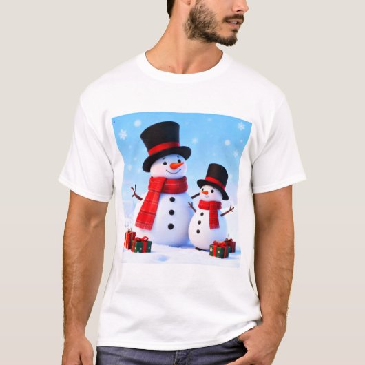 冬の丘でのスノーマンお祝い Tシャツ (正面)
