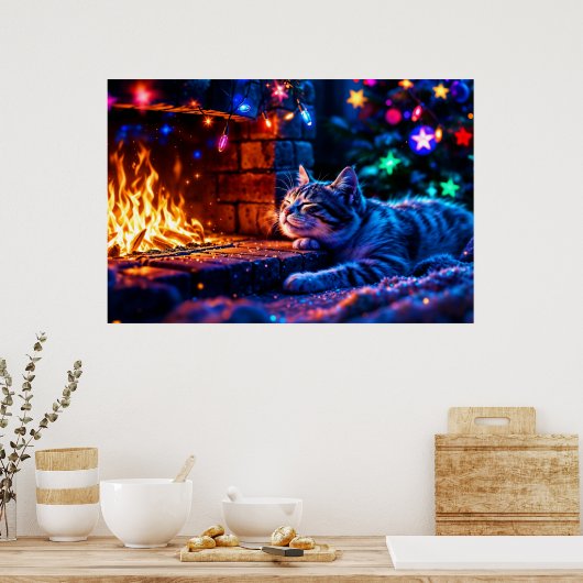 冬の休日かわいい猫クリスマスライト ポスター (キッチン)