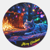 冬の休日かわいい猫クリスマスライト ラウンドシール (正面)