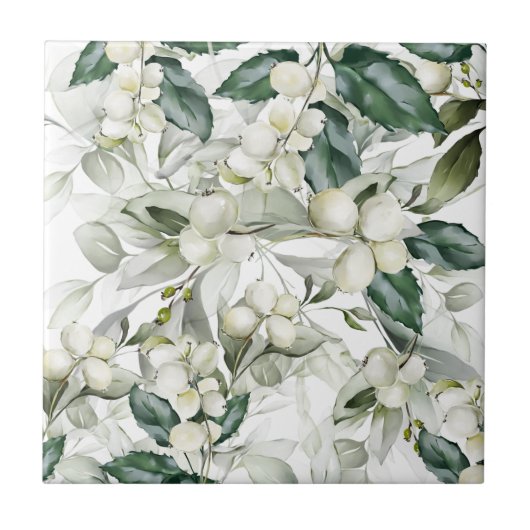 冬の休日のホリーの枝の緑のパターン タイル (正面)